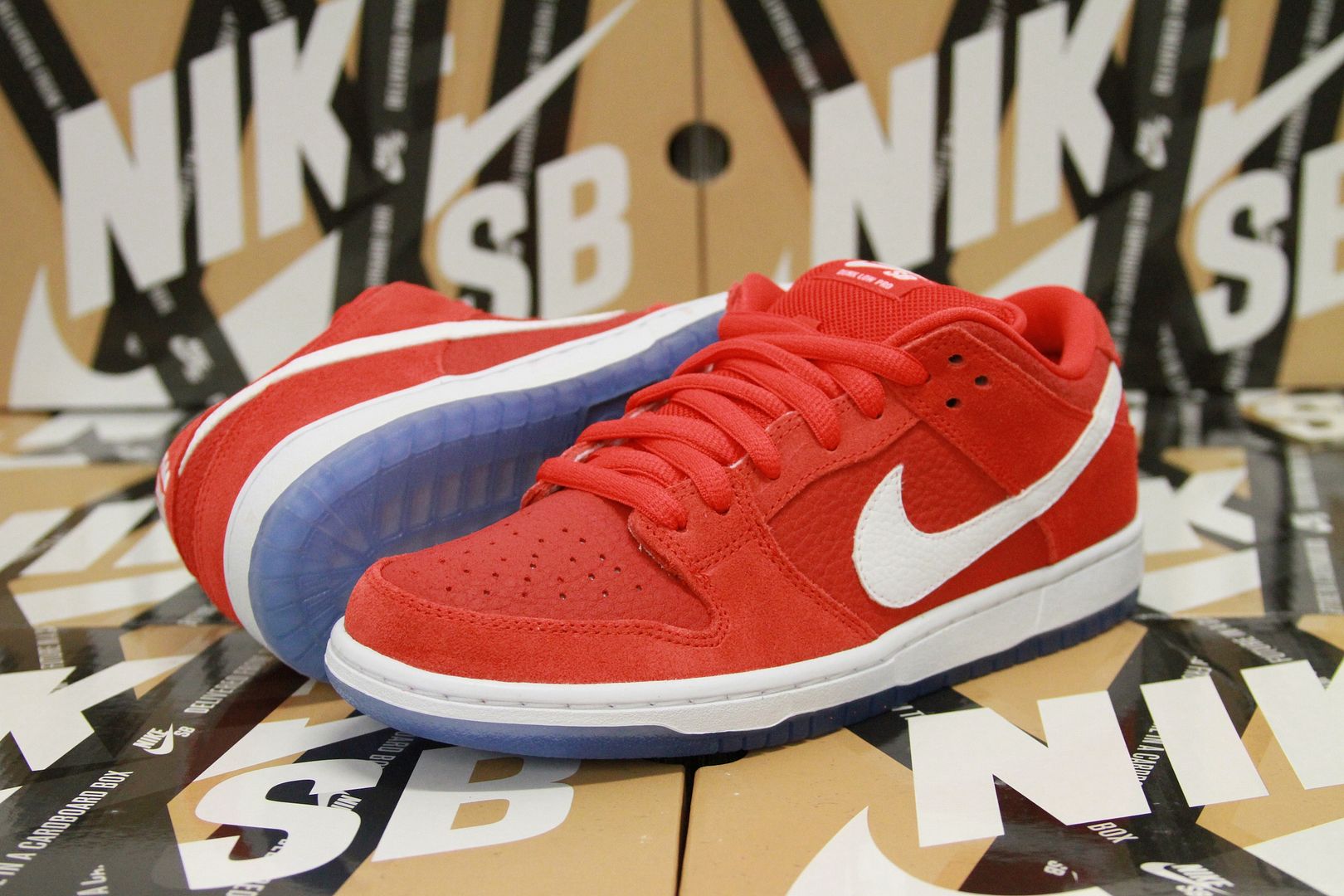 red blue and white dunks