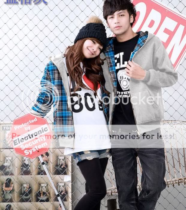 Fahion Sweet Two sided Wear Plaid Couple Lovers Hoodies  